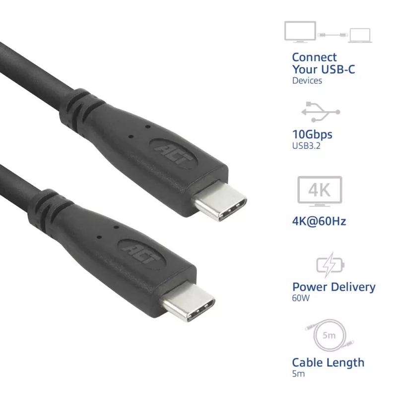ACT AC7445 USB-kaabel USB 3.2 Gen 2 (3.1 Gen 2) 5 m USB C 10 Gbit/s 60 W Must