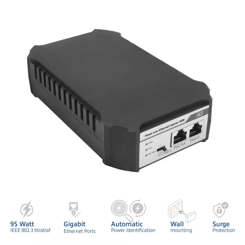 ACT PoE injektor 95W IEEE 802.3bt, Gigabit Ethernet, 1000 Mbit/s, 10/100/1000, PoE++ (4PPoE), IEEE 802.3af, IEEE 802.3at, IEEE 802.3bt, Cat6a
