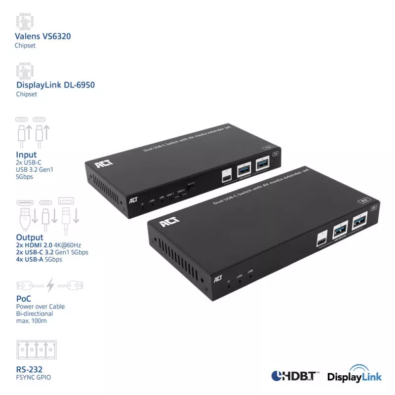 ACT AV meedialaienduse komplekt kahe USB-C lülitiga, CAT6A, 100 meetrit