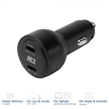 ACT 2-pordiline USB-C kiirlaadija autosse 95W Power Delivery PPS, Quick Charge ja GaNFast'iga