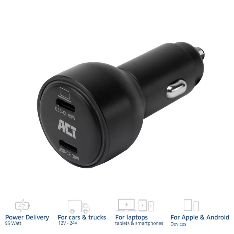 ACT 2-pordiline USB-C kiirlaadija autosse 95W Power Delivery PPS, Quick Charge ja GaNFast'iga