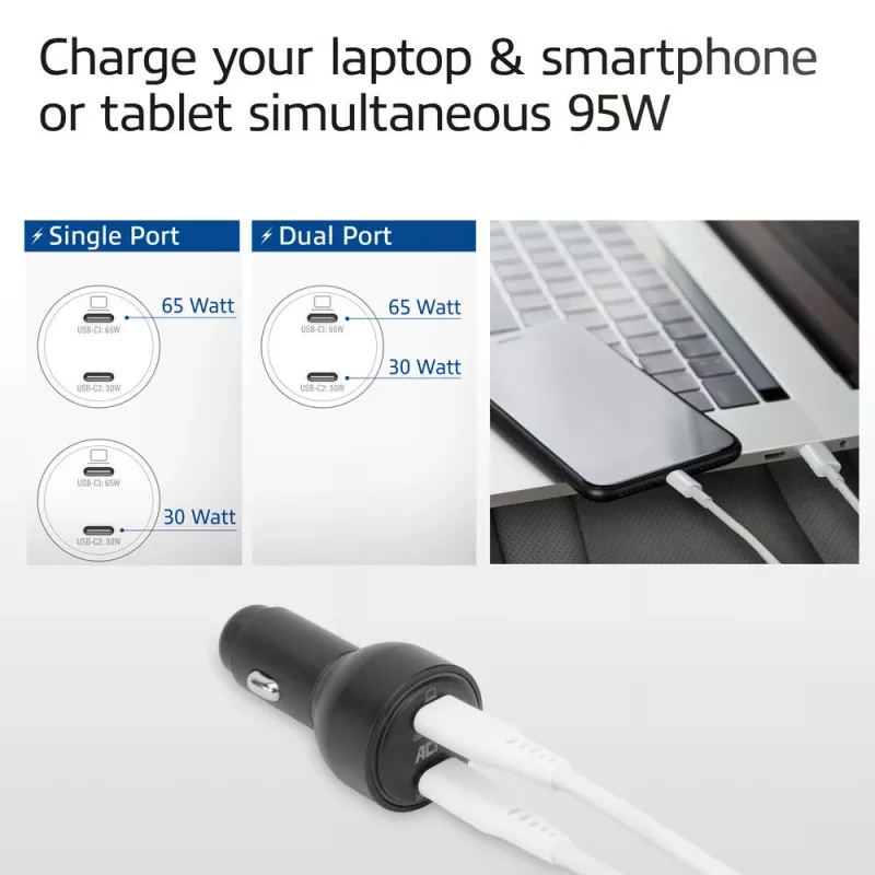 ACT 2-pordiline USB-C kiirlaadija autosse 95W Power Delivery PPS, Quick Charge ja GaNFast'iga