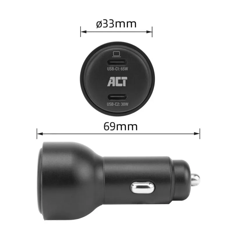 ACT 2-pordiline USB-C kiirlaadija autosse 95W Power Delivery PPS, Quick Charge ja GaNFast'iga