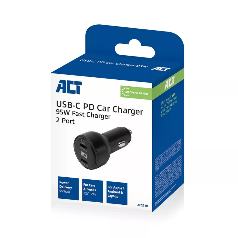 ACT 2-pordiline USB-C kiirlaadija autosse 95W Power Delivery PPS, Quick Charge ja GaNFast'iga