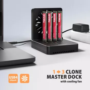 AXAGON ADSA-M2C44 USB4 40Gbps 4-kohaline M.2 NVMe SSD dokkimisjaam võrguühenduseta kloonimisfunktsiooniga, alumiinium, aktiivne jahutus