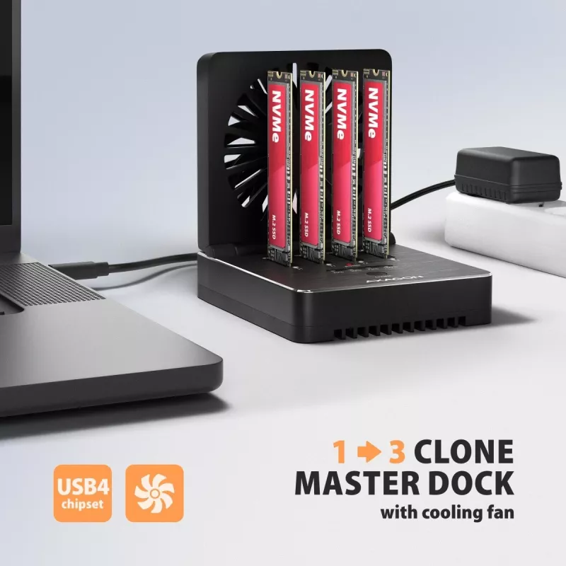 AXAGON ADSA-M2C44 USB4 40Gbps 4-kohaline M.2 NVMe SSD dokkimisjaam võrguühenduseta kloonimisfunktsiooniga, alumiinium, aktiivne jahutus