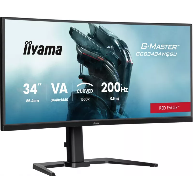 iiyama G-Master GCB3484WQSU-B2 Red Eagle 86.4 cm (34 inch) 3440 x 1440 pikslit UWQHD VA Kumer mängumonitor 200Hz 0.6ms FreeSync Premium HDMI DisplayPort USB Hub Kõlarid Must