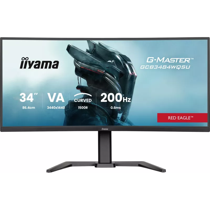 iiyama G-Master GCB3484WQSU-B2 Red Eagle 86.4 cm (34 inch) 3440 x 1440 pikslit UWQHD VA Kumer mängumonitor 200Hz 0.6ms FreeSync Premium HDMI DisplayPort USB Hub Kõlarid Must