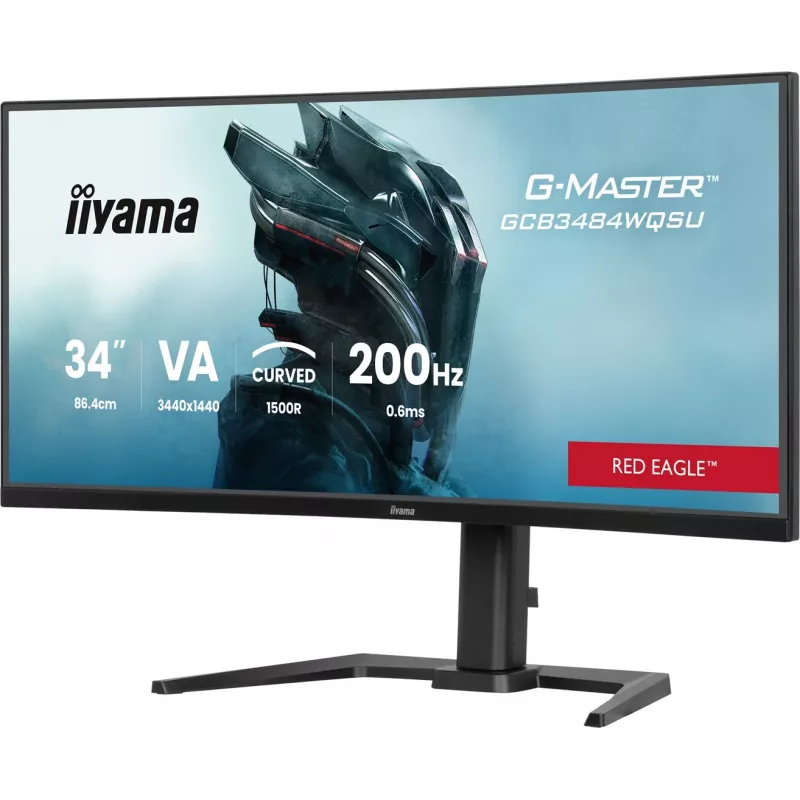 iiyama G-Master GCB3484WQSU-B2 Red Eagle 86.4 cm (34 inch) 3440 x 1440 pikslit UWQHD VA Kumer mängumonitor 200Hz 0.6ms FreeSync Premium HDMI DisplayPort USB Hub Kõlarid Must