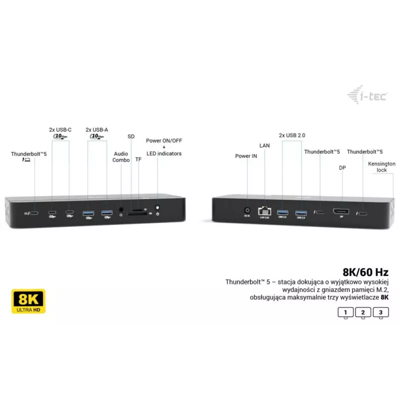 i-tec TB5 Triple Display Docking Station, 2x Thunderbolt 5, DP 2.1, 6x USB, M.2 NVMe pesa, 2.5G LAN, SD/microSD, Audio, PD 140W