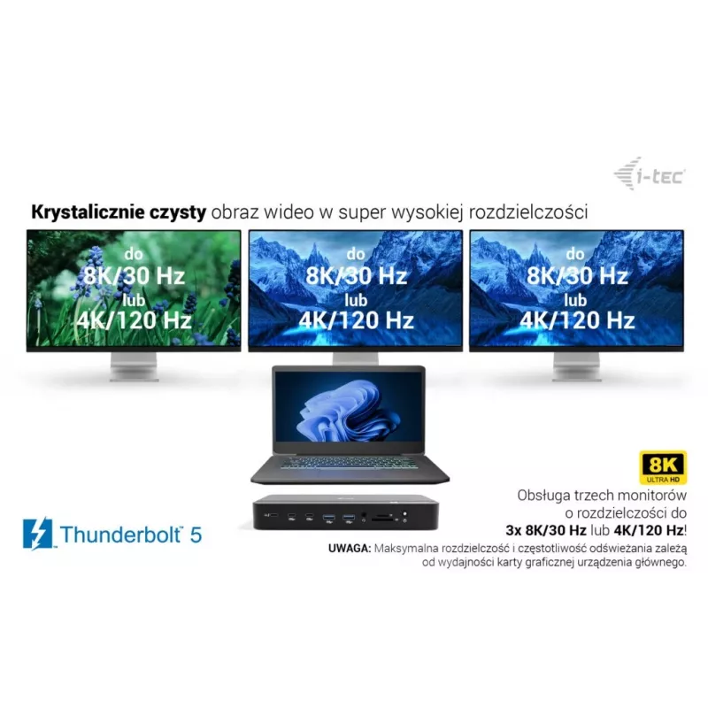 i-tec TB5 Triple Display Docking Station, 2x Thunderbolt 5, DP 2.1, 6x USB, M.2 NVMe pesa, 2.5G LAN, SD/microSD, Audio, PD 140W