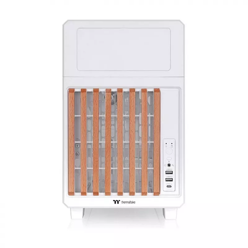 Thermaltake TR200 WS Snow White — Micro-ATX PC Case, Mesh with Real Wood Front Trim, 1x 120mm Fan, USB-C, 360mm Radiator / 365mm GPU Support