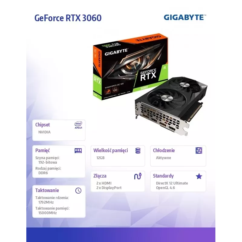 Gigabyte GeForce RTX 3060 WINDFORCE OC 12G (rev. 2.0) NVIDIA 12 GB GDDR6 Graafikakaart GV-N3060WF2OC-12GD2.0