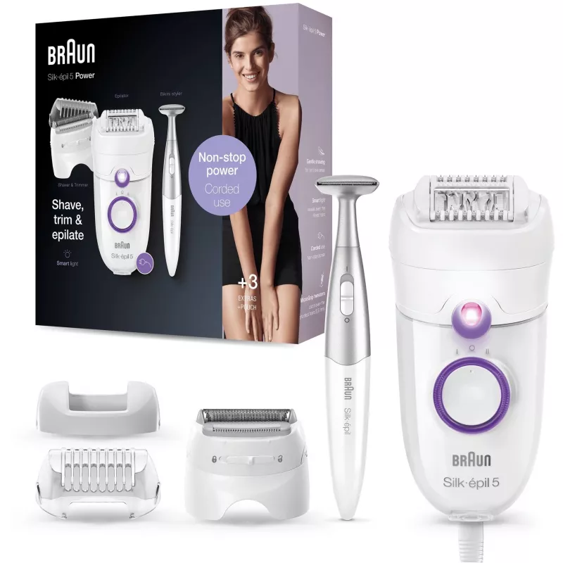 Braun Silk-épil 5 5-825 Power Epilaator, Valge/Roosa, 28 pintsettidega, MicroGrip, Juhtmega