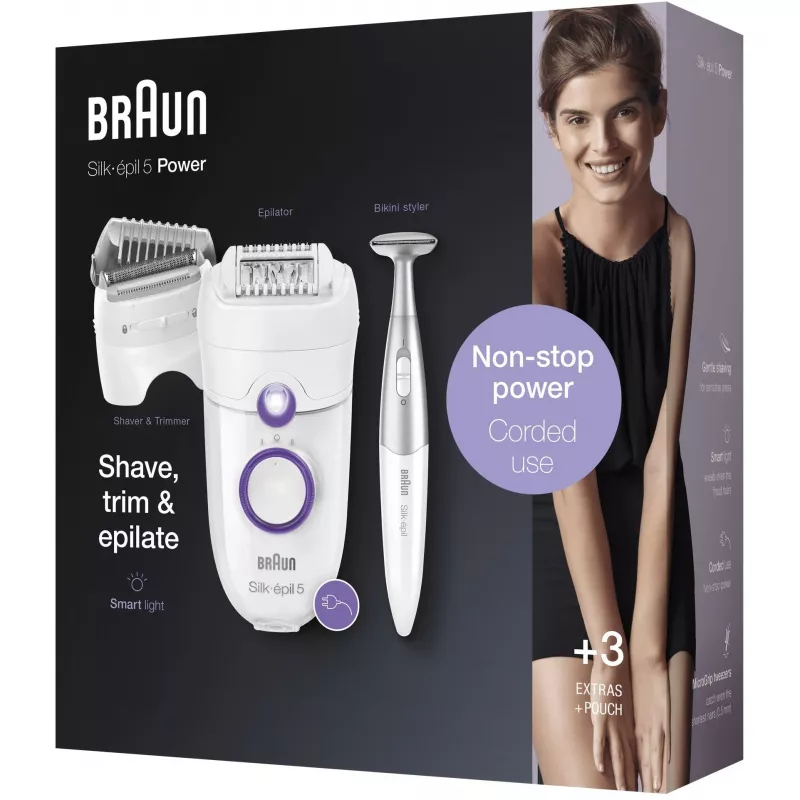 Braun Silk-épil 5 5-825 Power Epilaator, Valge/Roosa, 28 pintsettidega, MicroGrip, Juhtmega