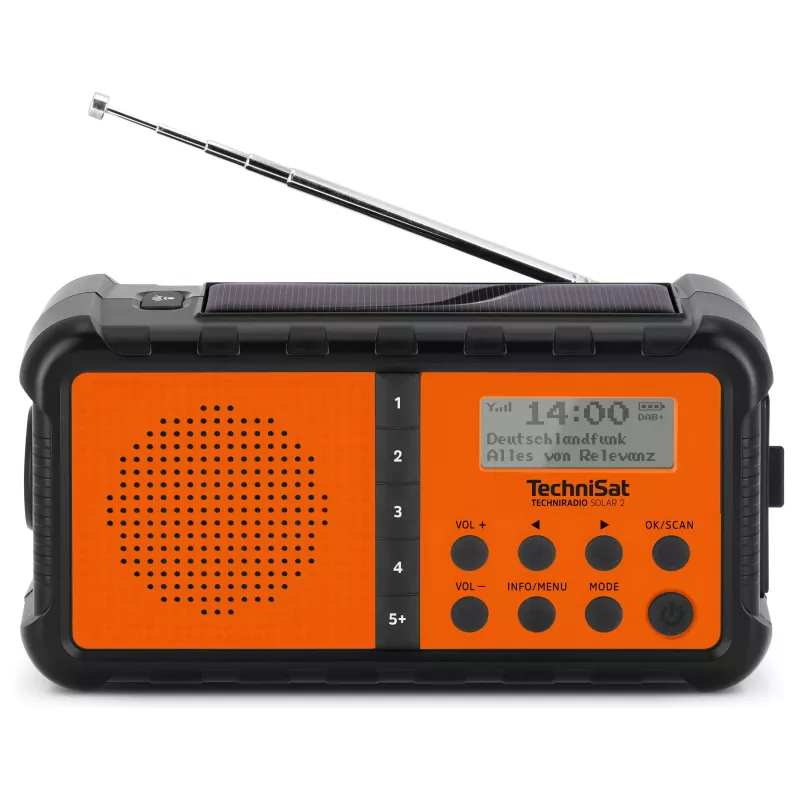 TechniSat TechniRadio Solar 2 DAB+/FM kaasaskantav raadio päikesepaneeli ja käsitsi veetava generaatoriga, must/oranž
