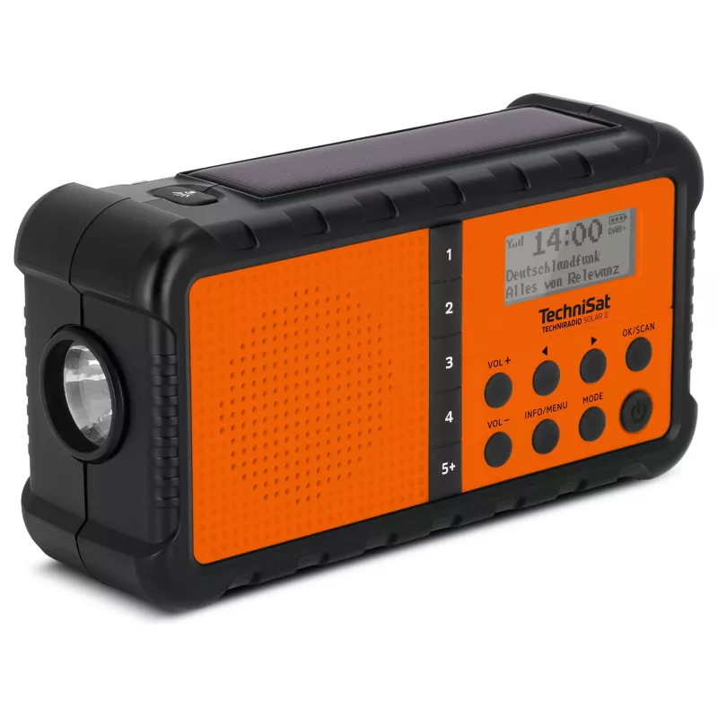 TechniSat TechniRadio Solar 2 DAB+/FM kaasaskantav raadio päikesepaneeli ja käsitsi veetava generaatoriga, must/oranž