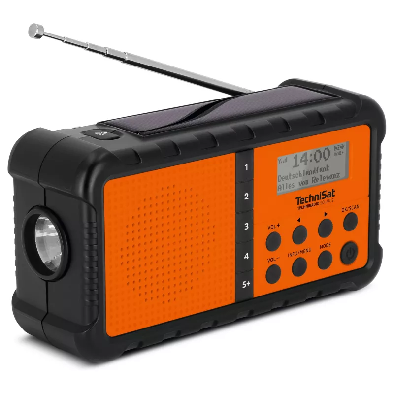 TechniSat TechniRadio Solar 2 DAB+/FM kaasaskantav raadio päikesepaneeli ja käsitsi veetava generaatoriga, must/oranž