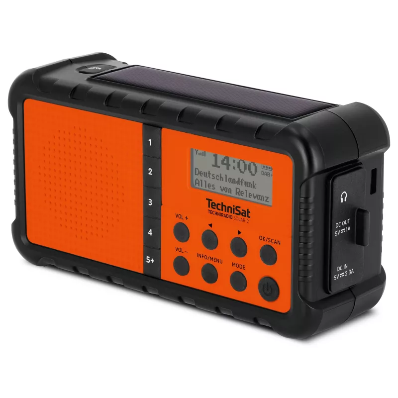 TechniSat TechniRadio Solar 2 DAB+/FM kaasaskantav raadio päikesepaneeli ja käsitsi veetava generaatoriga, must/oranž