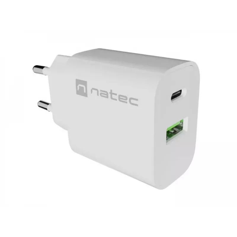 NATEC Ribera seinadapter 1x USB-A + 1x USB-C 20W Valge