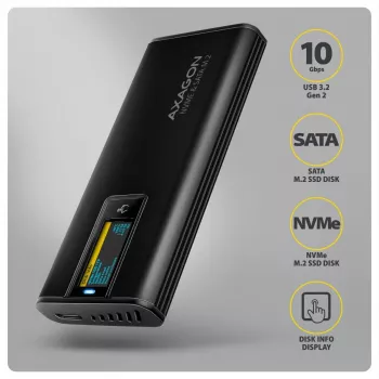 AXAGON EEM2-SD2B väline korpus 10Gbps M.2 NVMe/SATA SSD LED-ekraaniga, USB-C, must