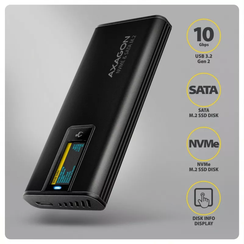 AXAGON EEM2-SD2B väline korpus 10Gbps M.2 NVMe/SATA SSD LED-ekraaniga, USB-C, must