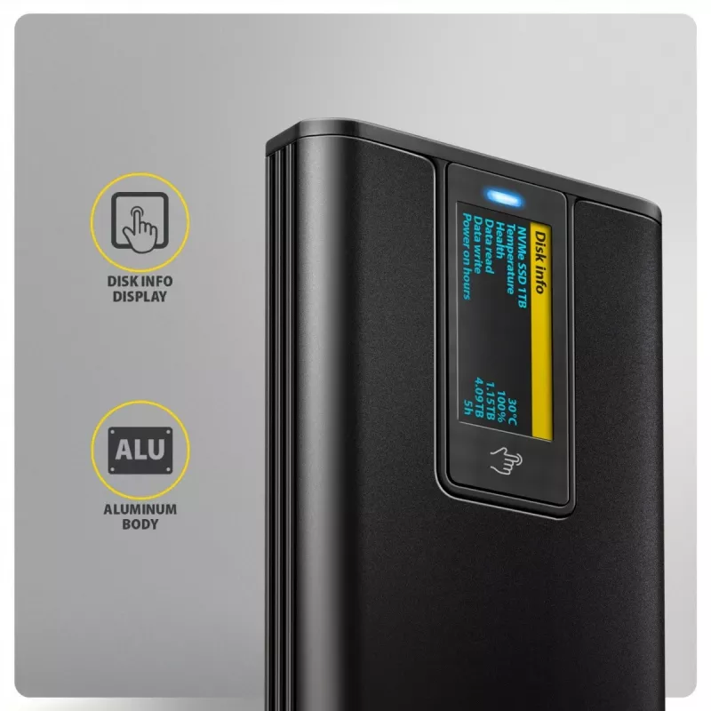 AXAGON EEM2-SD2B väline korpus 10Gbps M.2 NVMe/SATA SSD LED-ekraaniga, USB-C, must