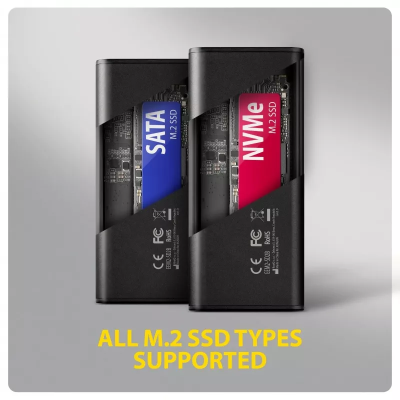 AXAGON EEM2-SD2B väline korpus 10Gbps M.2 NVMe/SATA SSD LED-ekraaniga, USB-C, must