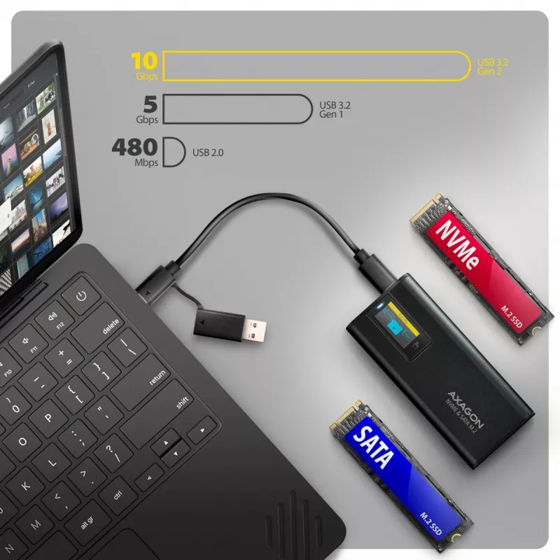 AXAGON EEM2-SD2B väline korpus 10Gbps M.2 NVMe/SATA SSD LED-ekraaniga, USB-C, must