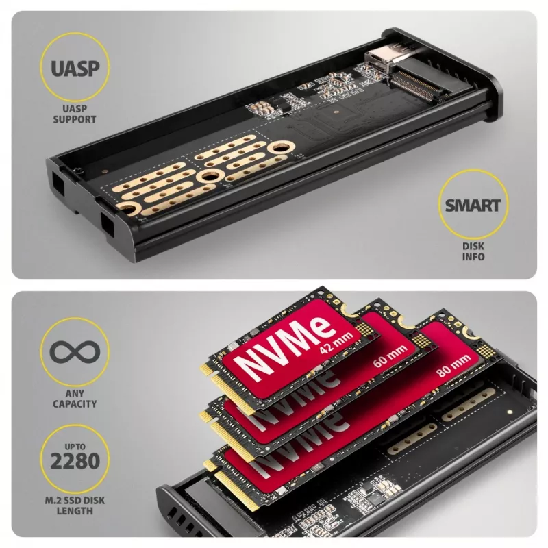 AXAGON EEM2-SD2B väline korpus 10Gbps M.2 NVMe/SATA SSD LED-ekraaniga, USB-C, must