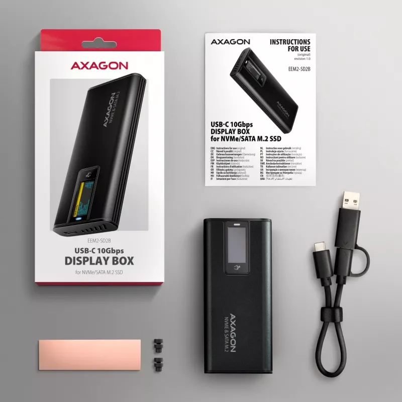 AXAGON EEM2-SD2B väline korpus 10Gbps M.2 NVMe/SATA SSD LED-ekraaniga, USB-C, must
