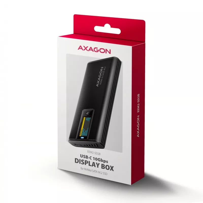 AXAGON EEM2-SD2B väline korpus 10Gbps M.2 NVMe/SATA SSD LED-ekraaniga, USB-C, must