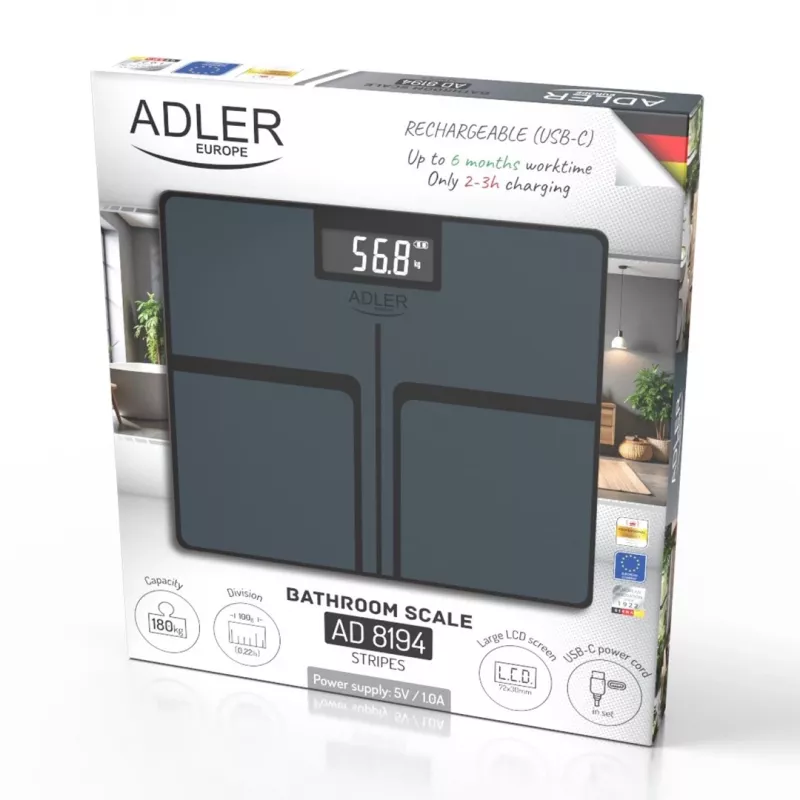 Adler AD 8194s digitaalne vannitoakaal, valge, triibulise mustriga, kandevõime 180 kg