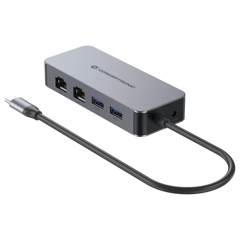 CONCEPTRONIC USB-C to 2x Gigabit Ethernet + 2x USB-A 3.2 Gen 1 Adapter, 0.3m, Grey