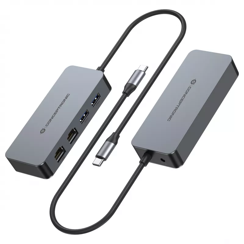 CONCEPTRONIC USB-C to 2x Gigabit Ethernet + 2x USB-A 3.2 Gen 1 Adapter, 0.3m, Grey
