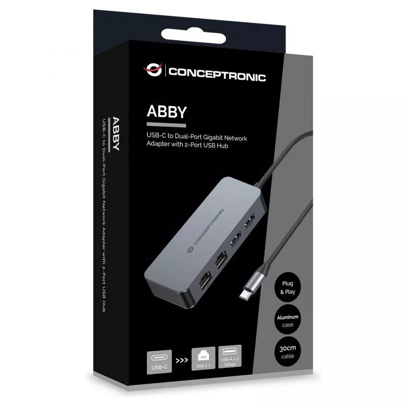 CONCEPTRONIC USB-C to 2x Gigabit Ethernet + 2x USB-A 3.2 Gen 1 Adapter, 0.3m, Grey