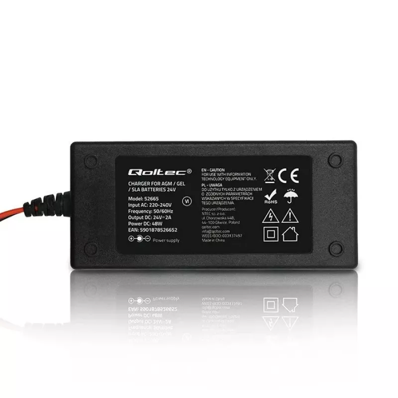 Qoltec 52665 Automaatne akulaadija AGM GEL STD akudele, 24V 2A 48W, LED-indikaator, 1,8 m kaabel