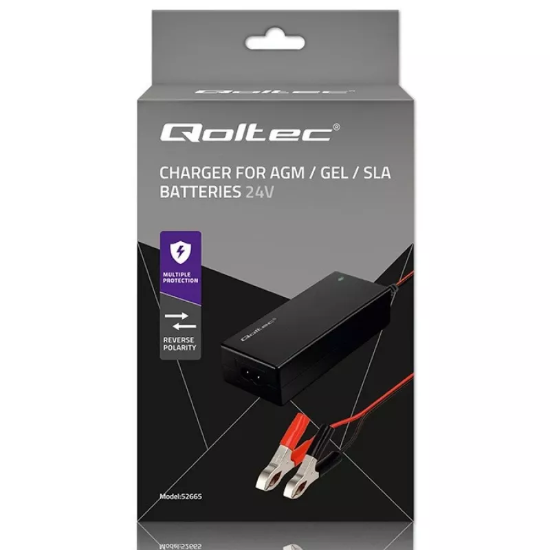 Qoltec 52665 Automaatne akulaadija AGM GEL STD akudele, 24V 2A 48W, LED-indikaator, 1,8 m kaabel