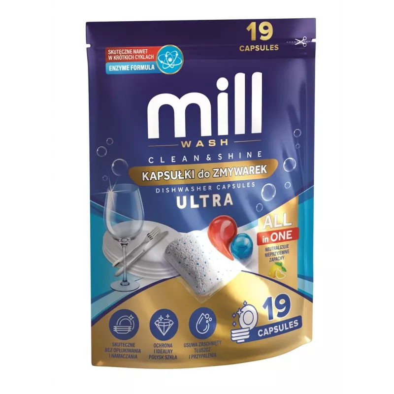 MADONIS MILL CLEAN&SHINE Ultra nõudepesukapslid, 19 tk, 3K.D