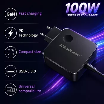 Qoltec 100W GaN USB-C PD laadija 5-20V 3-5A Must
