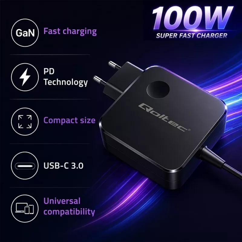 Qoltec 100W GaN USB-C PD laadija 5-20V 3-5A Must