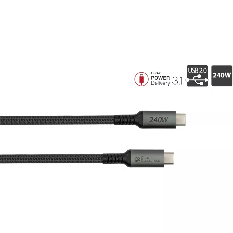 GoodConnections USB-C 2.0 (ST-ST) 3m ühenduskaabel tekstiilist ümbrisega 240W antratsiit