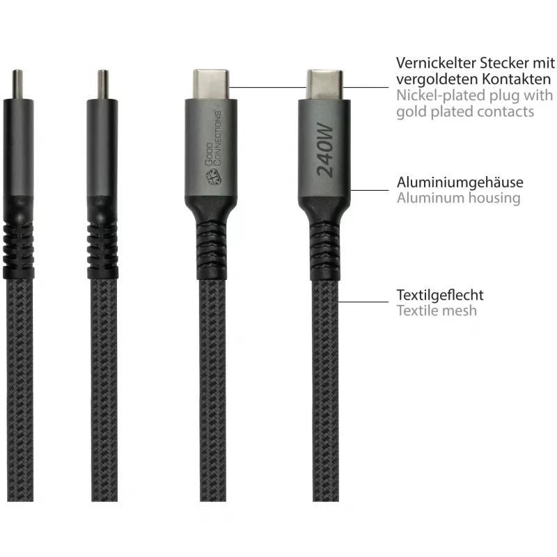 GoodConnections USB-C 2.0 (ST-ST) 3m ühenduskaabel tekstiilist ümbrisega 240W antratsiit