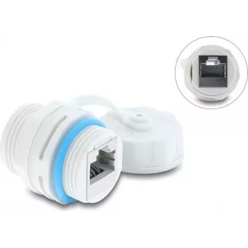Delock RJ45 Jätkukatse Cat.6A Emasest Emasesse M23.5 x 1.5 mm Keerme ja Tihenduskorgiga IP68 Tolmu- ja Veekindel Valge (87156)