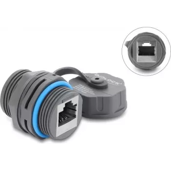 Delock RJ45 emane RJ45 emane kaabliühendaja Cat.6A M23.5 x 1,5 mm keermega ja kaitsekorgiga IP68 tolmukindel ja veekindel hall (87157)