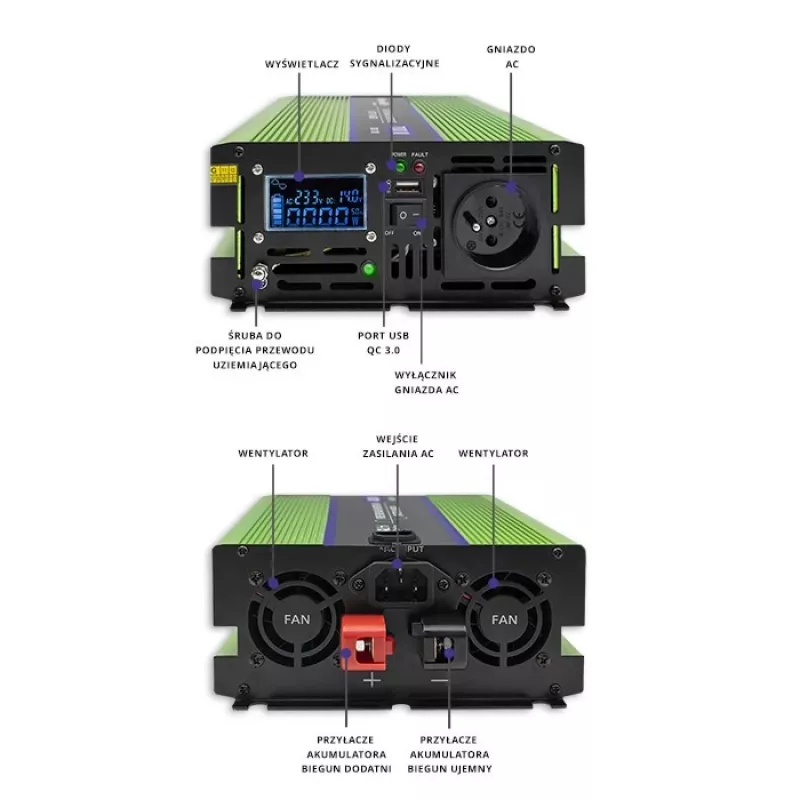 Qoltec Monolith Toiteadapter/Inverter Auto 2000 W Roheline