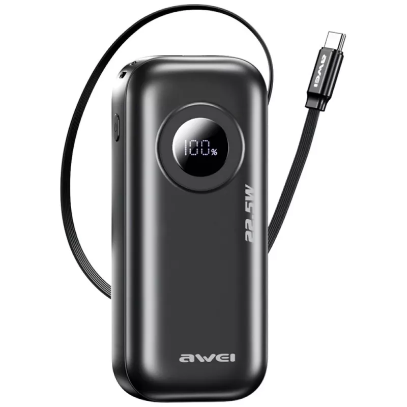 AWEI PowerBank PA-9 10000mAh 22.5W with Retractable Cable Black