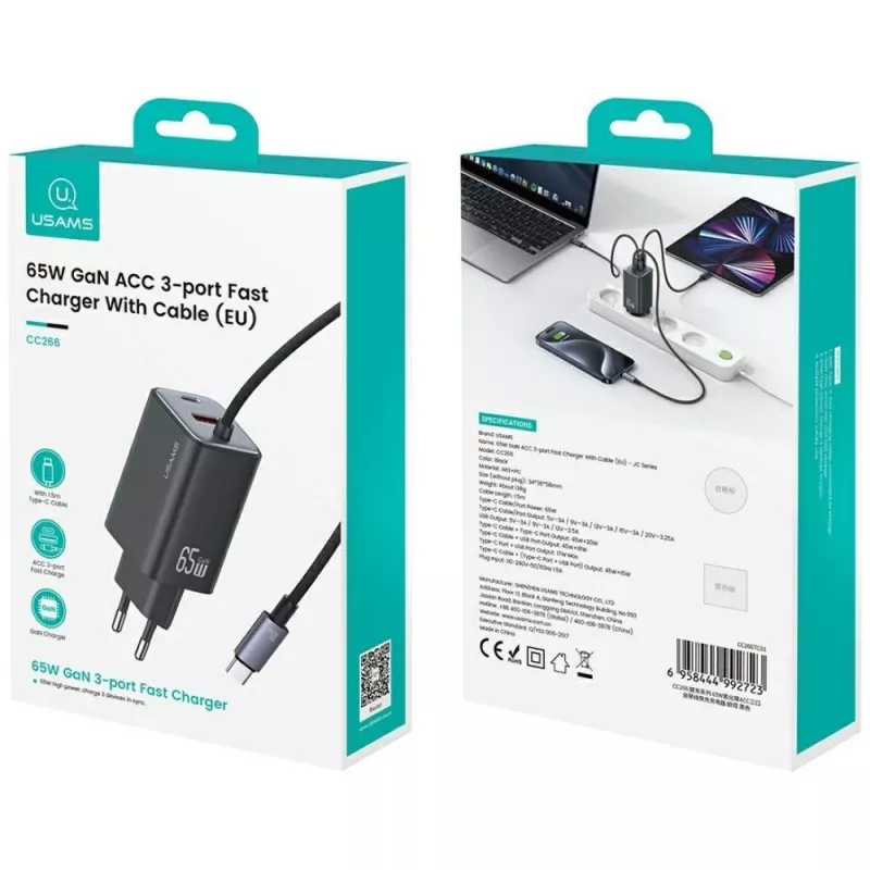 USAMS JC Series CC266 65W GaN Fast Charger 2xUSB-C 1xUSB-A with Built-in USB-C Cable 1.5m White