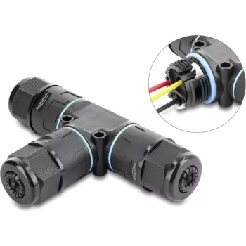 Delock T-kujuline kaabliühendus 3-pin klemmliitega IP68 veekindel kaabli läbimõõdule 5-9 mm koos tihenditega 9-12 mm, tööriistavaba, must (87244)