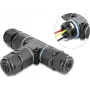 Delock T-kujuline kaabliühendus 3-pin klemmliitega IP68 veekindel kaabli läbimõõdule 5-9 mm koos tihenditega 9-12 mm, tööriistavaba, must (87244)